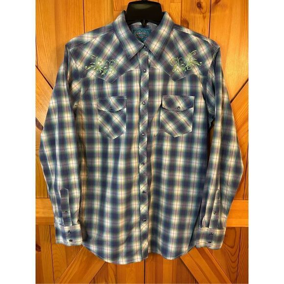 Cowgirl Hardware Blue Plaid long Pearl snap SIZE XL embroidered pockets (0435)￼ - Picture 1 of 9